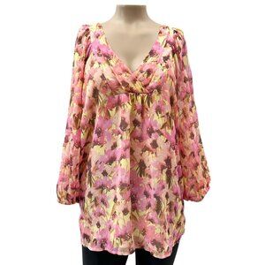 Sundance Silk Boho Floral 3/4 Sleeve V-Neck Tunic Top Watercolor Pink Women S